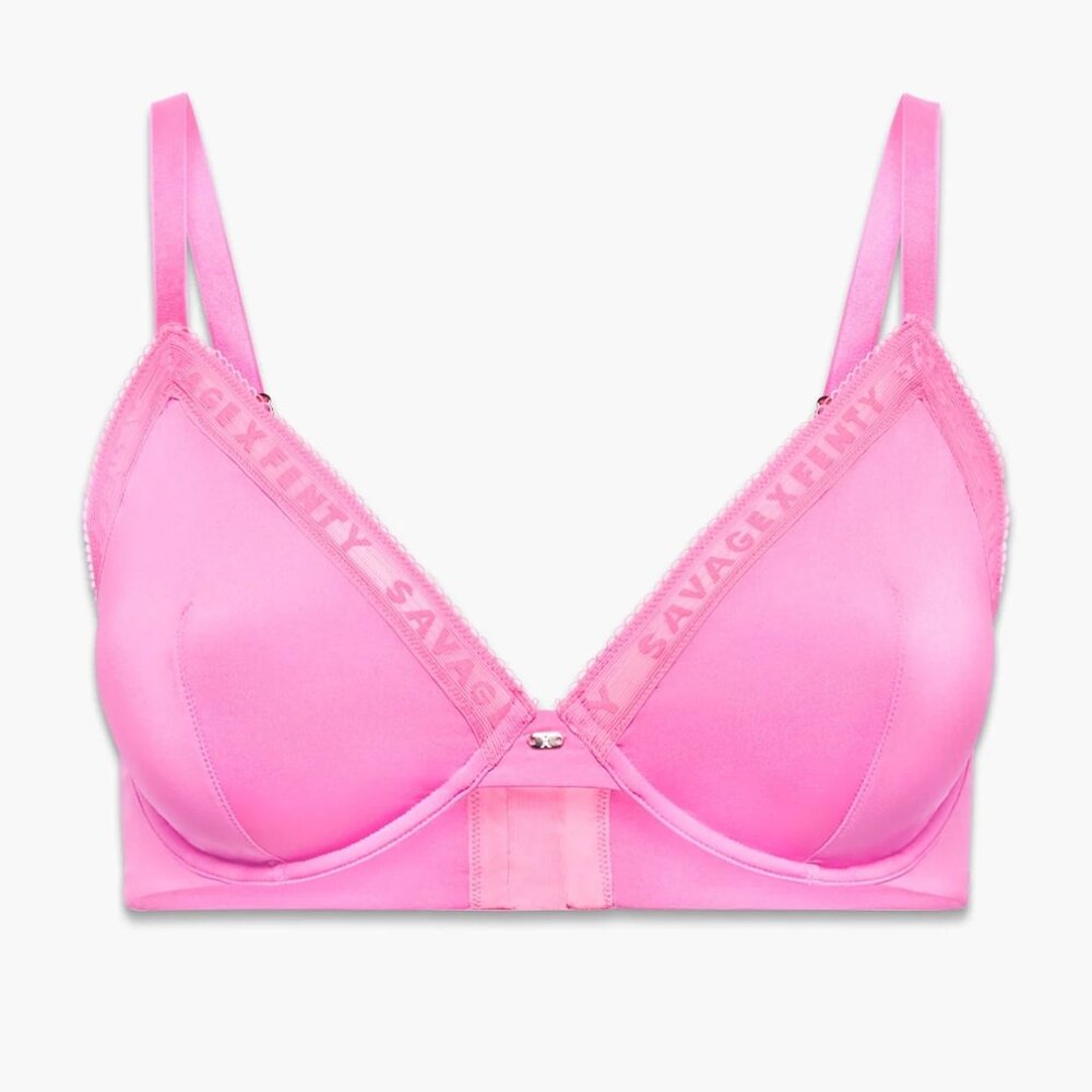 Savage X Fenty Microfiber Logo-Trim Unlined Plunge Bra in Pink Tart